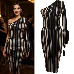 160 Rachel Roy | NWT Black Gold Glitter Stripes One‑Shoulder Midi Dress (size S)